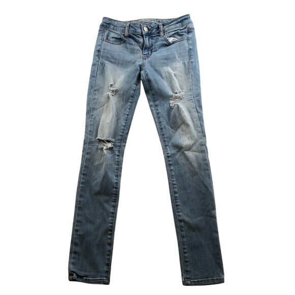 American Eagle Womens Jeans Size 2 Slim Straight Jeggings Distressed Blue Denim - Picture 1 of 15